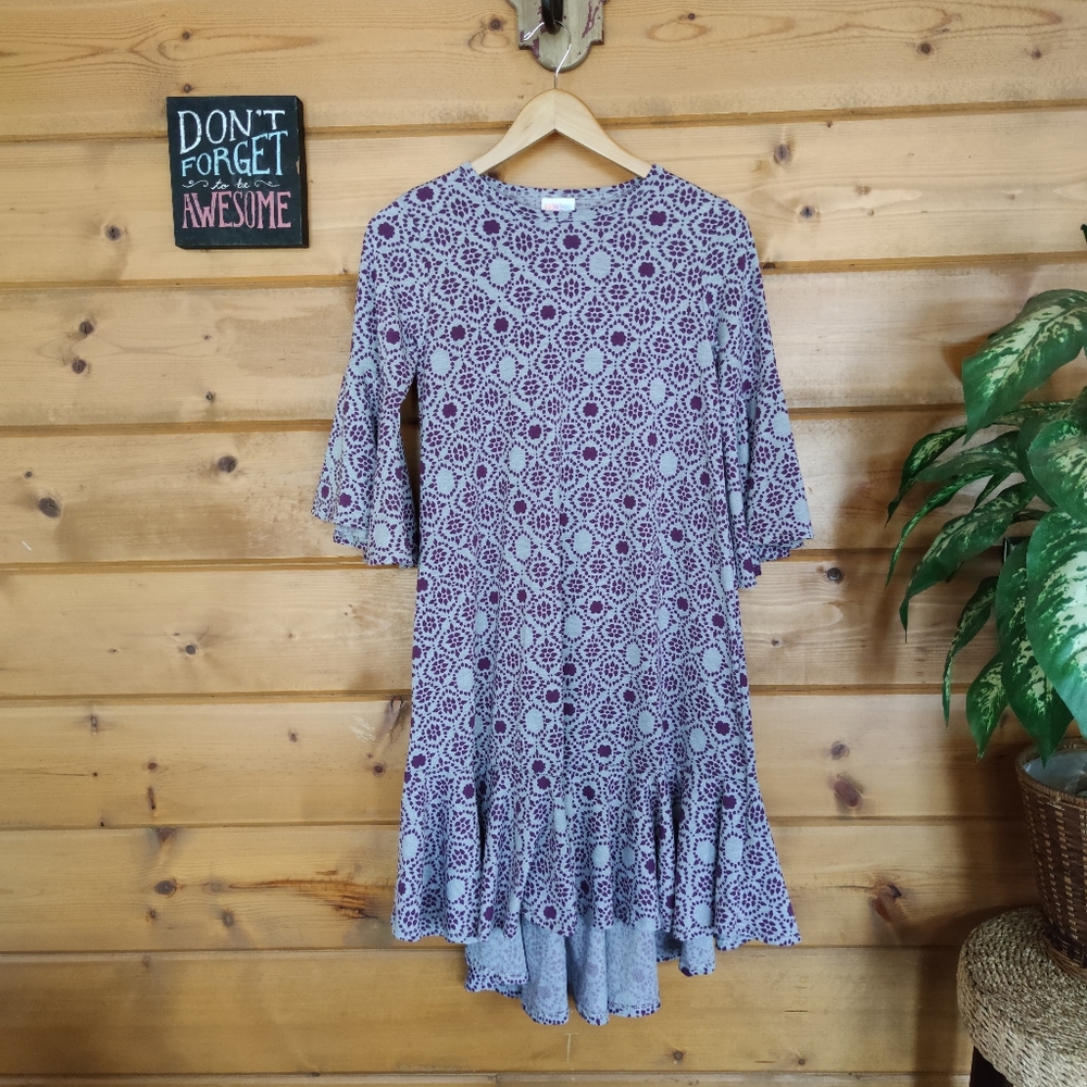 LuLaRoe‎ 💜 Maurine Ruffle Swing Dress Floral Geo Purple Gray Bell Sleeves XXS